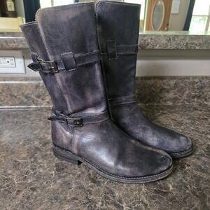 BED STU Distress Black Leather Zip Buckle Mid Calf Fashion Boots Womens Sz 7 M